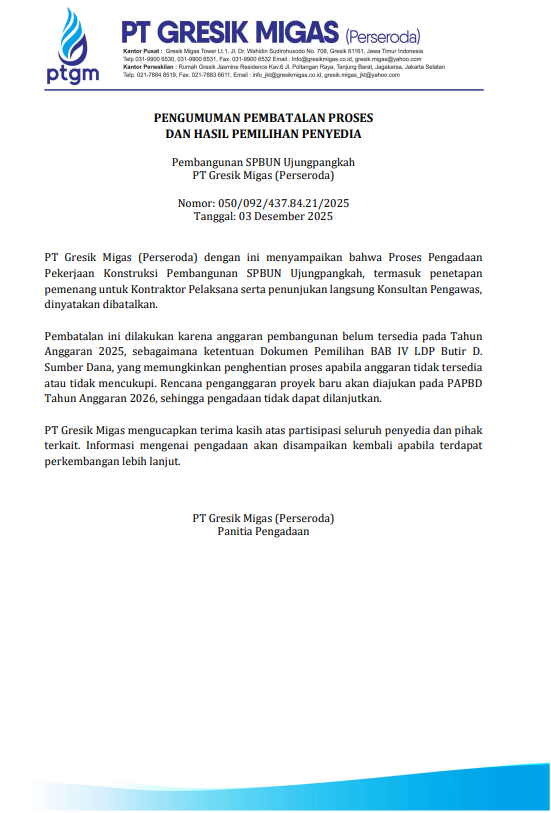 PENGUMUMAN PEMBATALAN PROSES DAN HASIL PEMILIHAN PENYEDIA